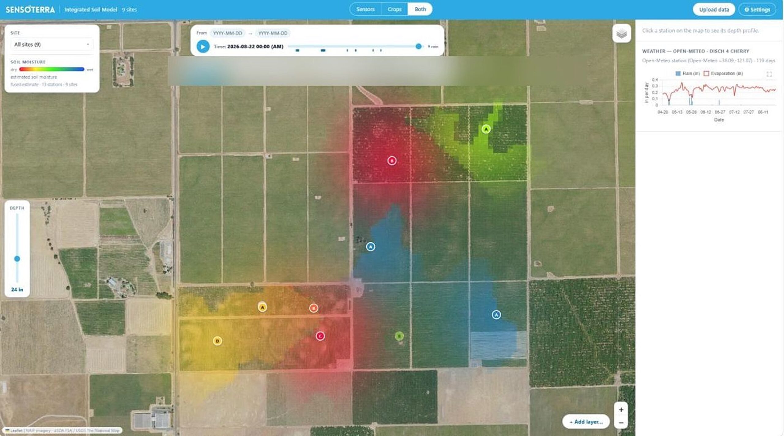 Sensoterra Integrated Soil Model, live field map across nine sites