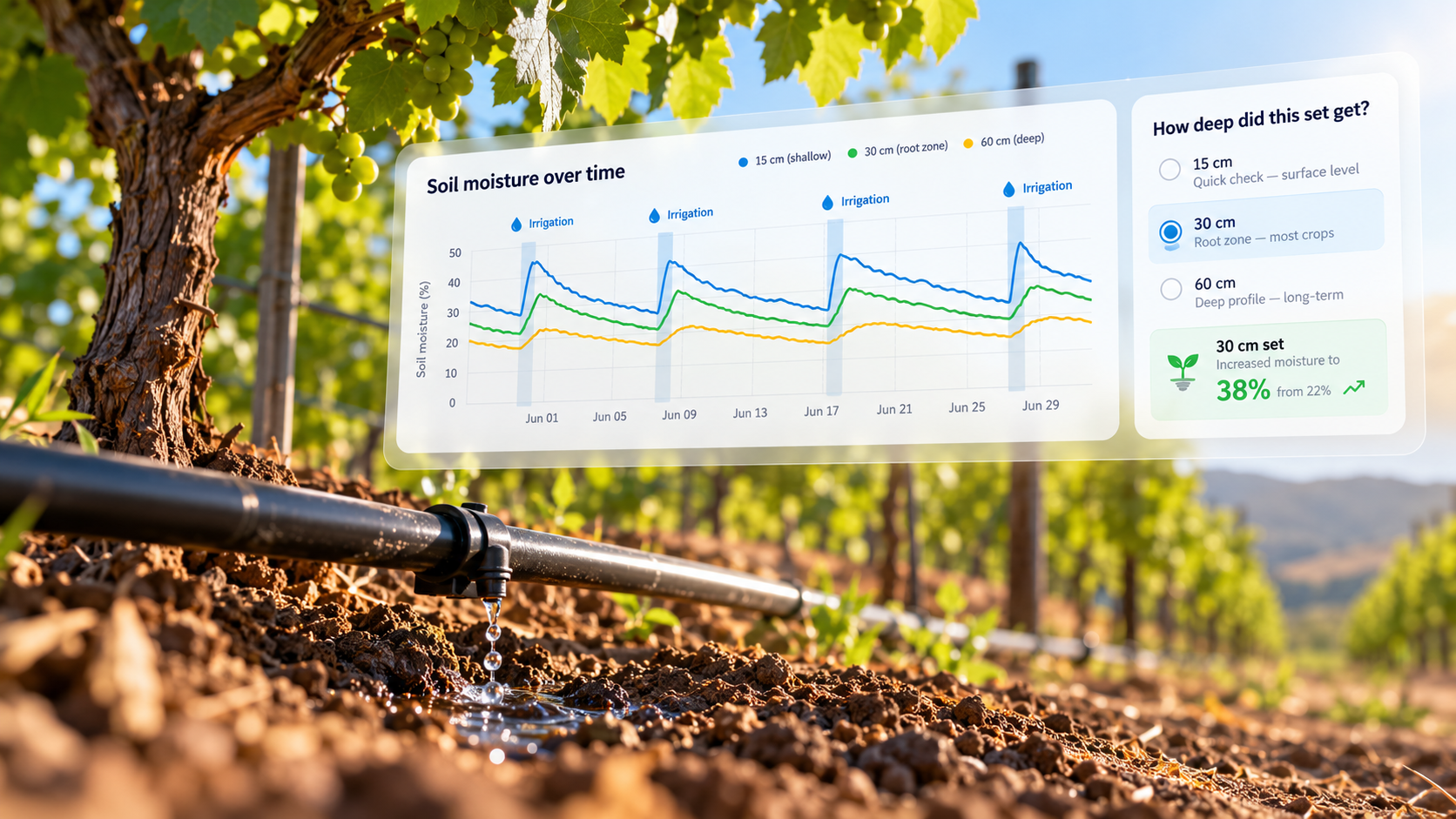 Moisture data with the logged irrigation sets marked, showing what caused each rise.